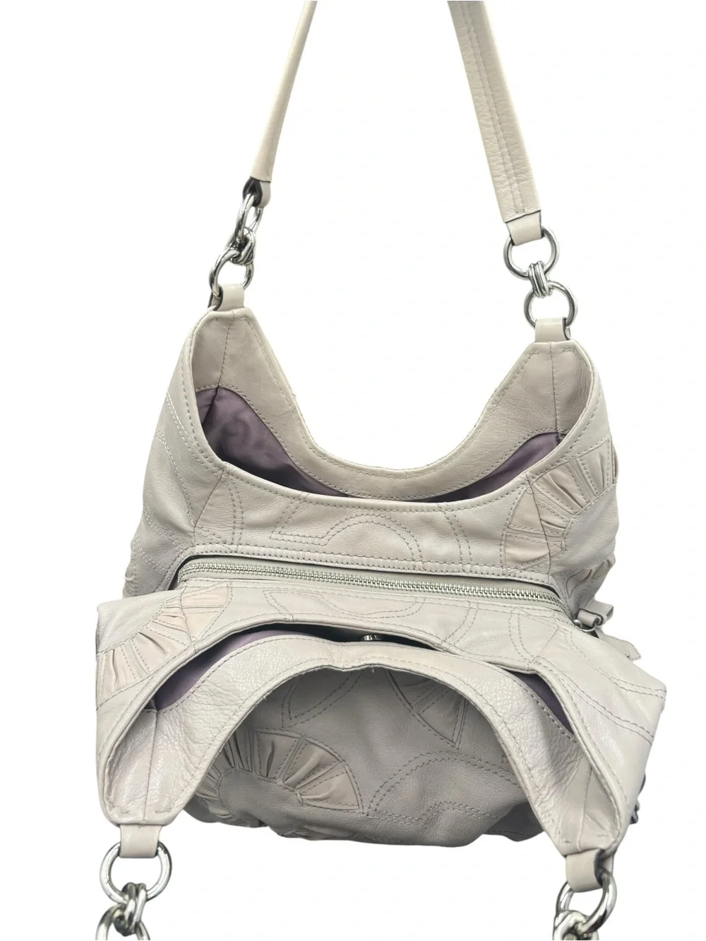 Coach Kristin Leather Pleated Floral Appliqué Hobo Shoulder Bag Ivory Taupe 2010